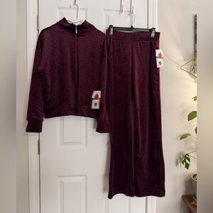 NWT OTOS NY Velvet Burgundy Velour Fleece Lined Jacket & Pants Set Women L/XL